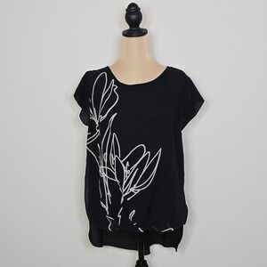 Vince Camuto‎ Black White Floral Twist Front Sheer Sleeve Top Blouse Womens S
